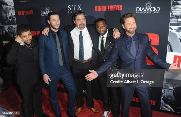 Actors 'Shea Jackson Jr., Pablo Schreiber, director Christian Gudegast, Curtis Jackson and Gerard Butler arrives for the Premiere Of STX Films' "Den...