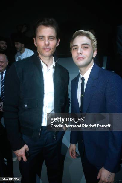 James Mardsen and Xavier Dolan attend the Louis Vuitton Menswear Fall/Winter 2018-2019 show as part of Paris Fashion Week on January 18, 2018 in...