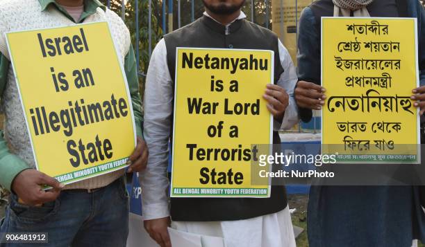 Indian Muslim and Supporters for Minority Yuba Federation agitation at front of Gandhi Statue during a protest against the visit of Netanyahu to...