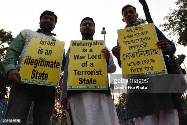 Indian Muslim and Supporters for Minority Yuba Federation agitation at front of Gandhi Statue during a protest against the visit of Netanyahu to...