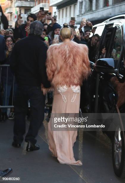 Lady Gaga is seen leaving Palazzo Parigi Hotel on January 18, 2018 in Milan, Italy.