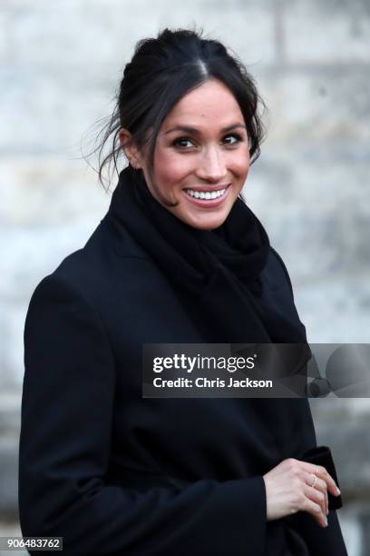 Meghan Markle departs from a walkabout at Cardiff Castle on January 18, 2018 in Cardiff, Wales.