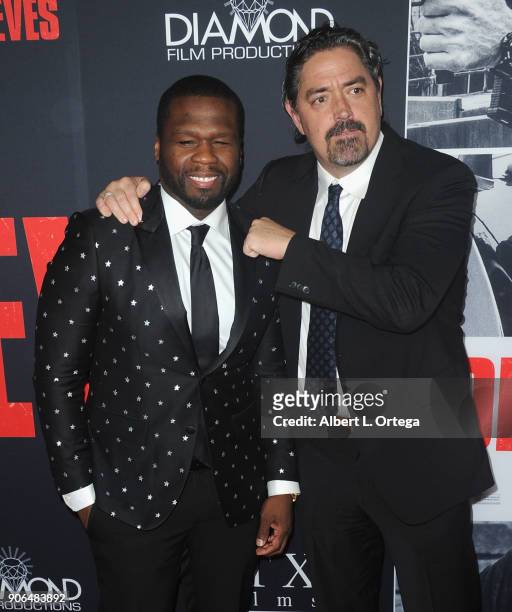 Actor/rapper Curtis Jackson and director Christian Gudegast arrive for the Premiere Of STX Films' "Den Of Thieves" held at Regal LA Live Stadium 14...