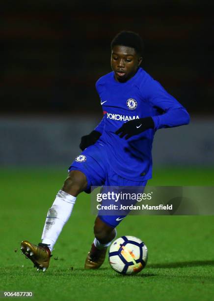 Tariq Lamptey of Chelsea in action during the FA Youth Cup Fourth Round match between Chelsea and West Bromwich Albion at Aldershot Town Football...