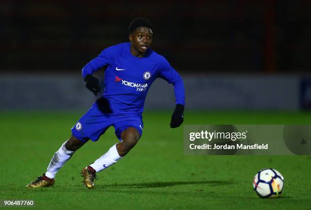 Tariq Lamptey of Chelsea in action during the FA Youth Cup Fourth Round match between Chelsea and West Bromwich Albion at Aldershot Town Football...