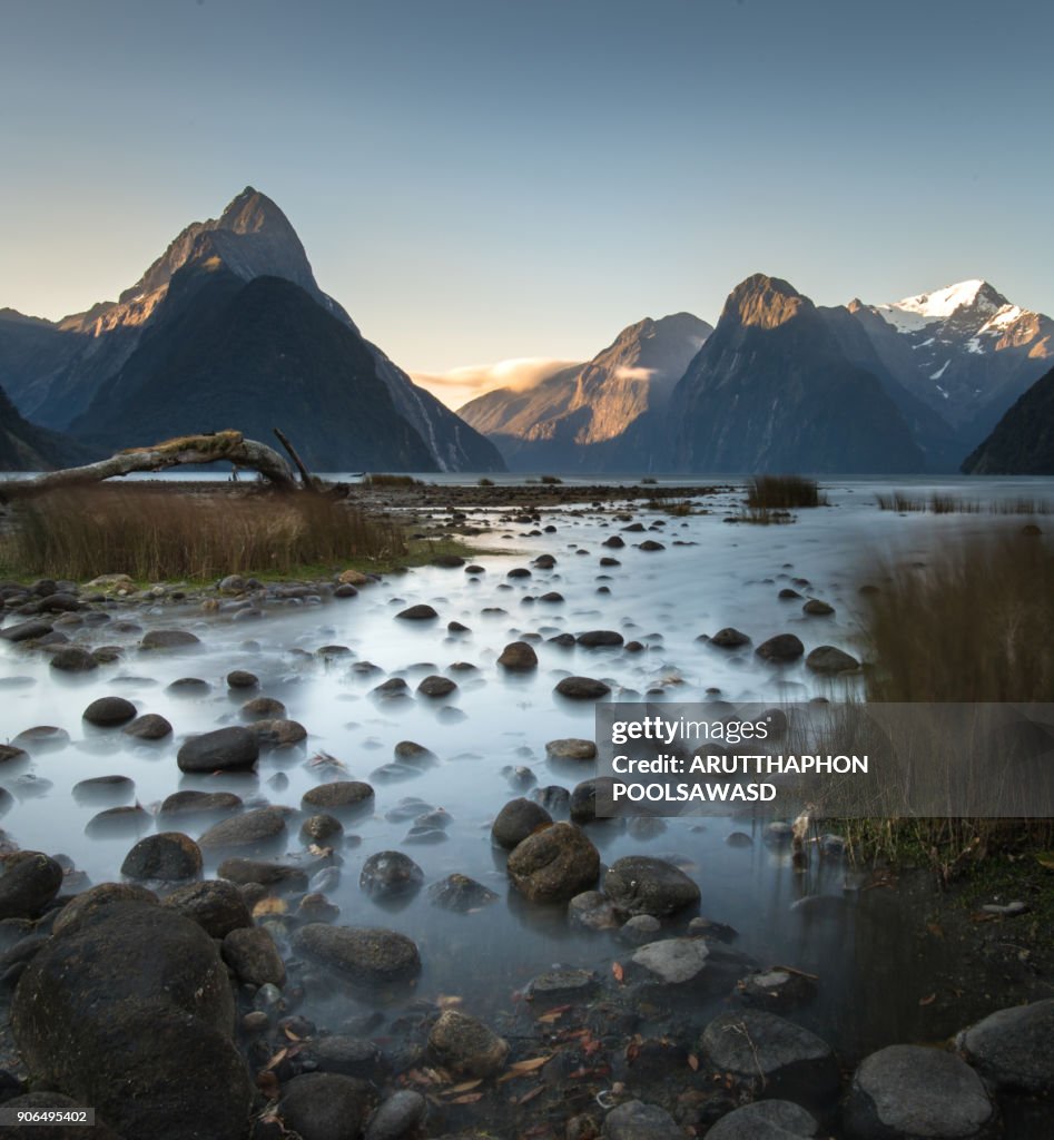 Sunset at milford sound , fiordland national park , new zealand