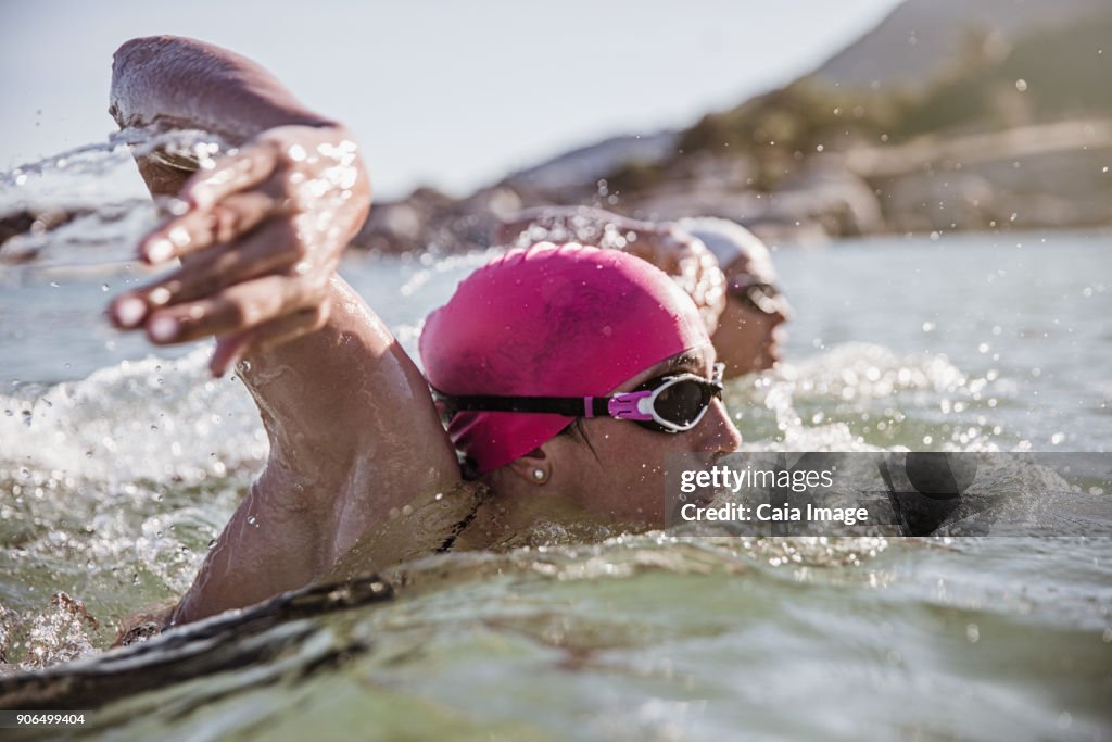 Determined female open water swimmer swimming in sunny ocean