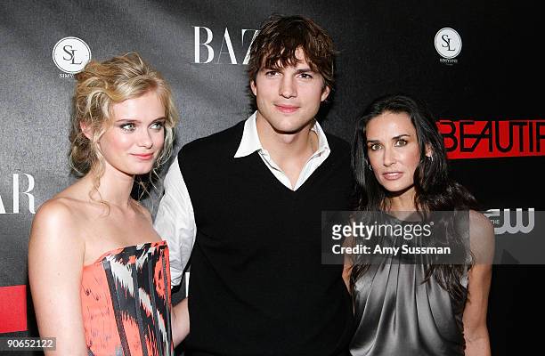 Actress Sara Paxton, actor Ashton Kutcher and actress Demi Moore walk the red carpet during the CW Network celebration of its new series "The...