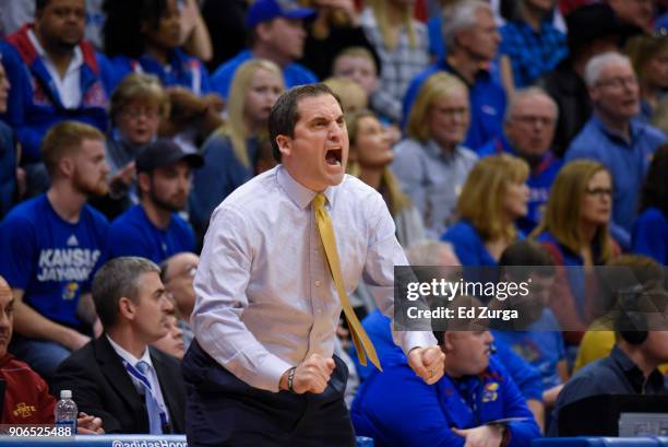 Steve Prohm head coach of the Iowa State Cyclones directs his team against the Kansas Jayhawks at Allen Fieldhouse on January 9, 2018 in Lawrence,...