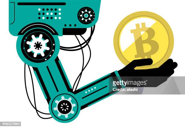 artificial intelligence robot (roboterarm) tragen einen bitcoin unterzeichnen goldwährung münze, bitcoin mining (bergbau kryptowährung) - elektronische handel stock-grafiken, -clipart, -cartoons und -symbole
