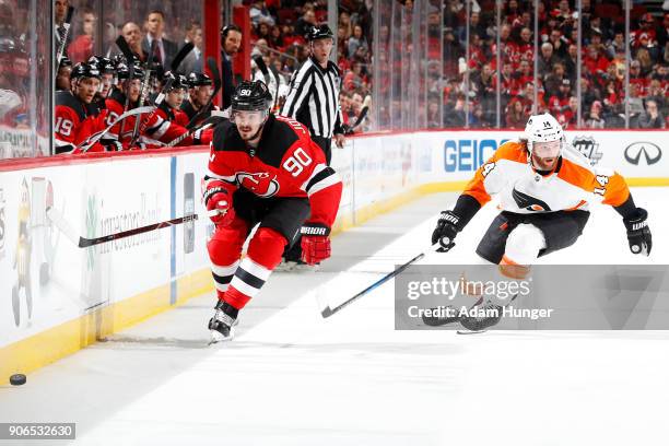Marcus Johansson of the New Jersey Devils in action against the Philadelphia Flyers during the second period at the Prudential Center on January 13,...