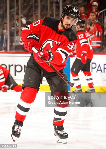 Marcus Johansson of the New Jersey Devils during warm ups prior to taking on the Philadelphia Flyers at the Prudential Center on January 13, 2018 in...
