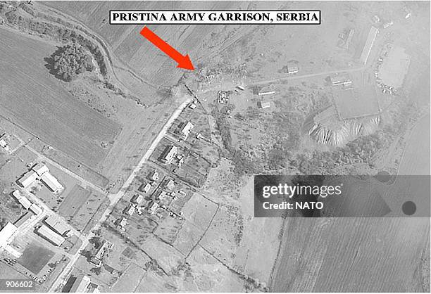 Photo which show an aerial view ofthe Pristina Army Garrison in Serbia following attacks by NATO airforces as part as of the "Allied Force" military...