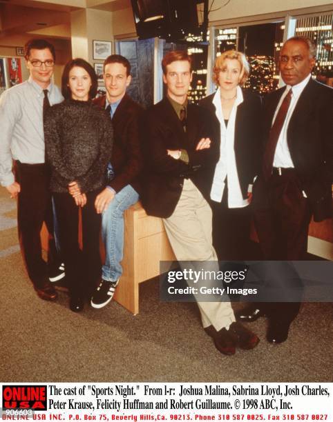 The cast of "Sports Night." From l-r: Joshua Malina, Sabrina Lloyd, Josh Charles, Peter Krause, Felicity Huffman and Robert Guillaume.