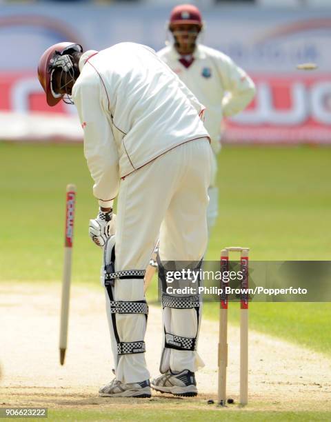 West Indies batsman Sulieman Benn is bowled for 0 as West Indies follow on in the 2nd Test match between England and West Indies at the Riverside...