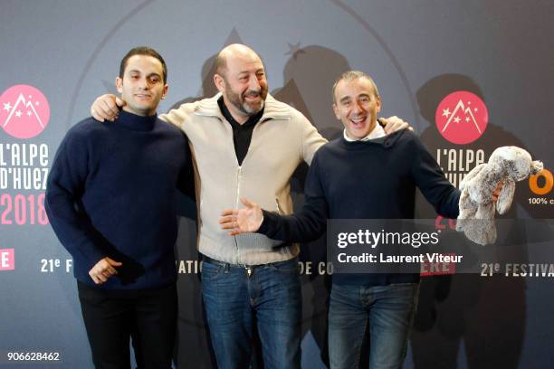 Actors Malik Bentalha, Kad Merad and Elie Semoun attend "Le Doudou" Premiere during the 21st Alpe D'Huez Comedy Festival on January 18, 2018 in Alpe...