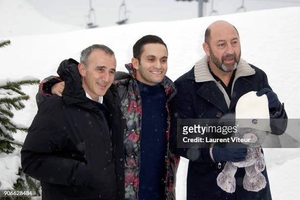 Actors Elie Semoun, Malik Bentalha and Kad Merad pose during Photocall "Le Doudou" during the 21st Alpe D'Huez Comedy Festival on January 18, 2018 in...