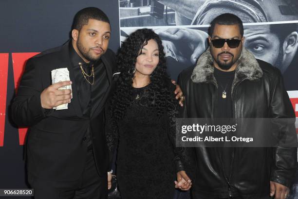 Actor O'Shea Jackson Jr., Kimberly Woodruff and Ice Cube arrive for the Premiere Of STX Films' "Den Of Thieves" held at Regal LA Live Stadium 14 on...