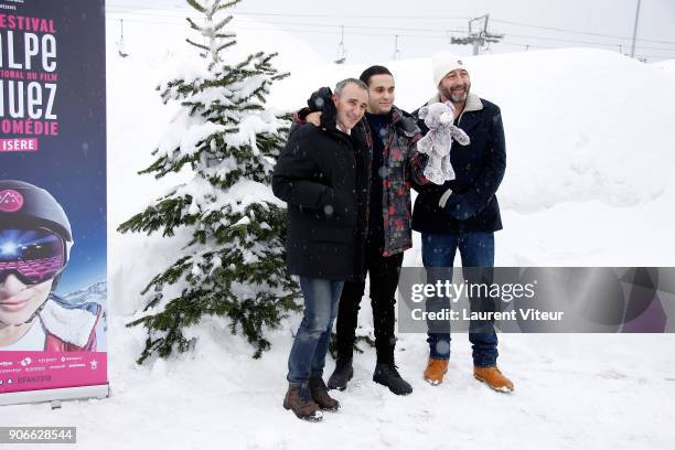 Actors Elie Semoun, Malik Bentalha and Kad Merad pose during Photocall "Le Doudou" during the 21st Alpe D'Huez Comedy Festival on January 18, 2018 in...