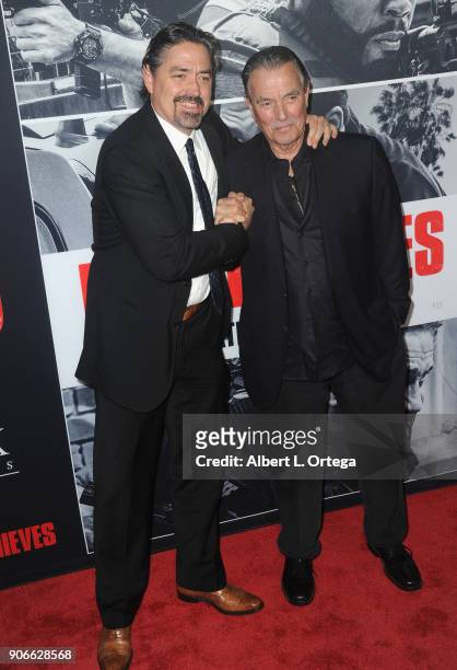 Director Christian Gudegast and actor/father Eric Braeden arrive for the Premiere Of STX Films' "Den Of Thieves" held at Regal LA Live Stadium 14 on...