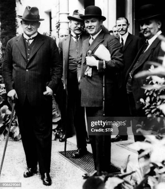 Picture taken on October 16, 1925 shows then German Foreign Minister Gustav Stresemann posing during the signing of the agreement known as the...