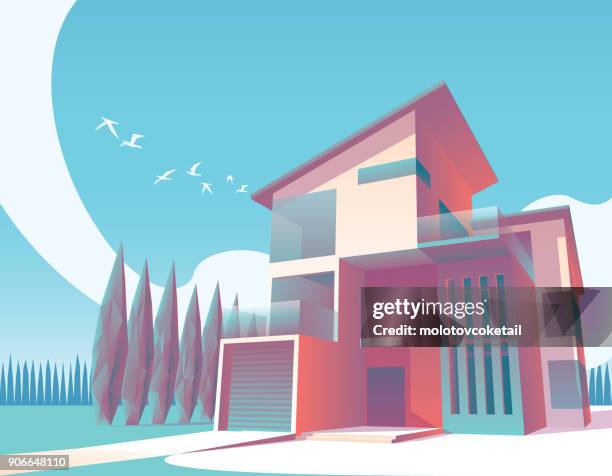 ilustrações de stock, clip art, desenhos animados e ícones de minimalist modern house illustration 1 - landscape purple
