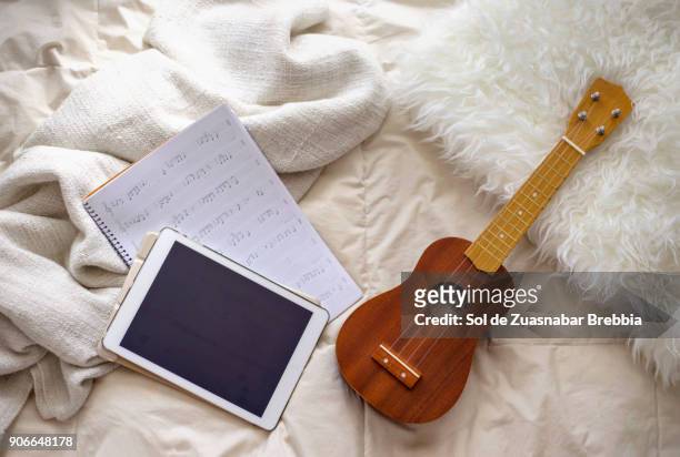 ukulele and notebook of musical notes and a digital tablet on cozy blankets - ukulele foto e immagini stock