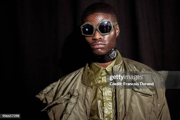 Model poses Backstage prior the Walter Van Beirendonck Menswear Fall/Winter 2018-2019 show as part of Paris Fashion Week on January 17, 2018 in...