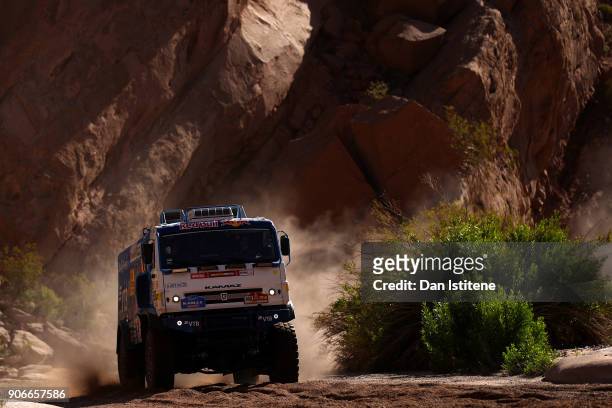 Eduard Nikolaev of Russia and Team KAMAZ Master drives with co-driver Evgeny Yakovlev of Russia and mechanic Vladimir Rybakov of Russia in a 4326...