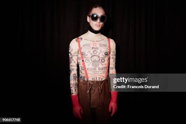 Model poses Backstage prior the Walter Van Beirendonck Menswear Fall/Winter 2018-2019 show as part of Paris Fashion Week on January 17, 2018 in...