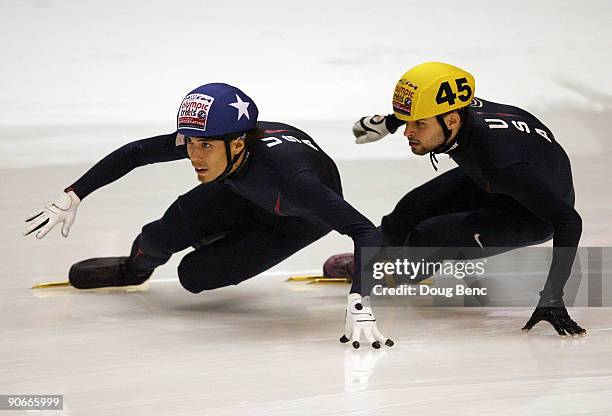 Apolo Anton Ohno, L, and Jeffrey Simon skate during the 1000 Meter Finals at the U.S. Short Track Speedskating Championships at the Berry Events...