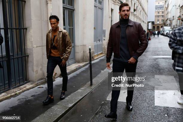 Kevin Trapp and Neymar seen arriving at the Vuitton Fashion Show in Paris, France, on January 18, 2018.