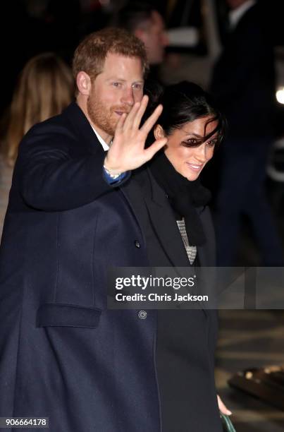 Prince Harry and his fiancee Meghan Markle depart Star Hub on January 18, 2018 in Cardiff, Wales.