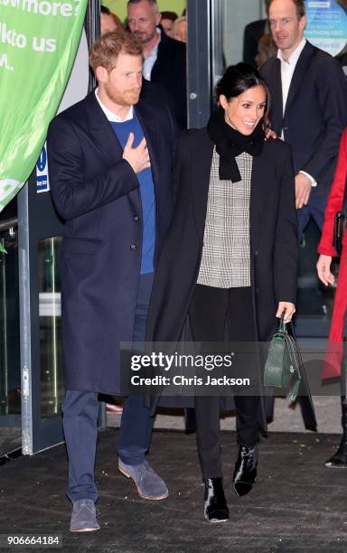 Prince Harry and his fiancee Meghan Markle depart Star Hub on January 18, 2018 in Cardiff, Wales.