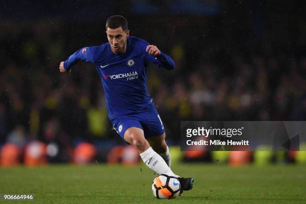 Eden Hazard of Chelsea in action during The Emirates FA Cup Third Round Replay between Chelsea and Norwich City at Stamford Bridge on January 17,...
