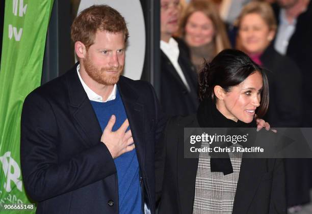 Prince Harry and fiancee Meghan Markle leave after their visit to Star Hub on January 18, 2018 in Cardiff, Wales.