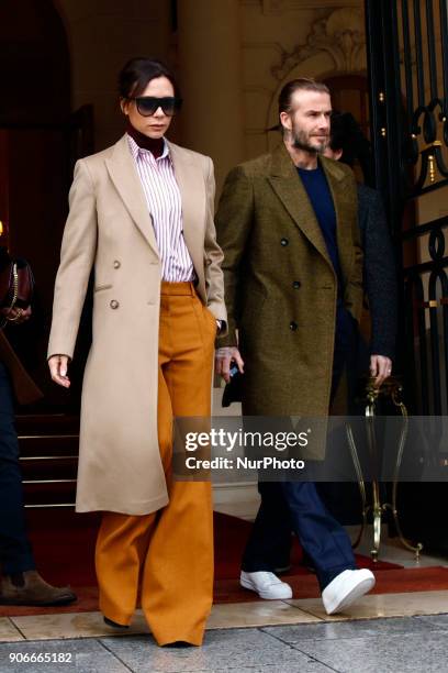 Brooklyn Beckham, Victoria Beckham and David Beckham are seen leaving the Ritz hotel in Paris, France on January 18, 2018. They go to Louis Vuitton...