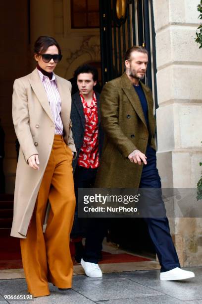 Brooklyn Beckham, Victoria Beckham and David Beckham are seen leaving the Ritz hotel in Paris, France on January 18, 2018. They go to Louis Vuitton...