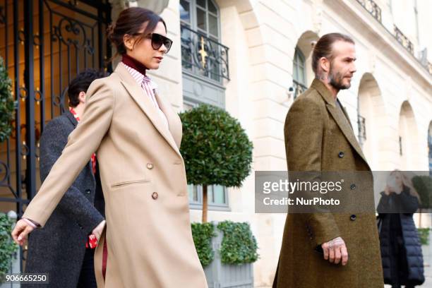 Brooklyn Beckham, Victoria Beckham and David Beckham are seen leaving the Ritz hotel in Paris, France on January 18, 2018. They go to Louis Vuitton...
