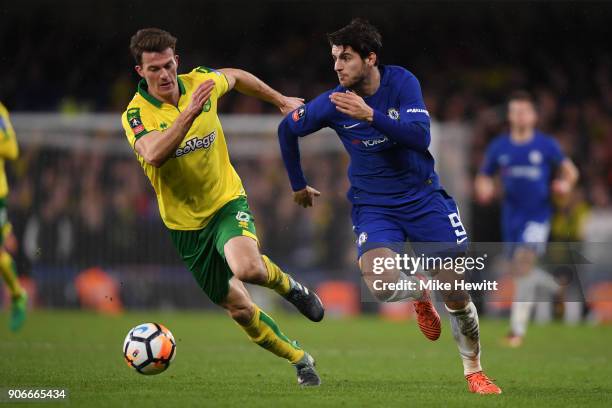 Alvaro Morata of Chelsea is chased by Christoph Zimmermann of Norwich City during The Emirates FA Cup Third Round Replay between Chelsea and Norwich...