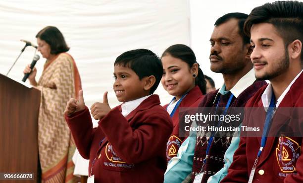 Bapu Gaidhani Award winner, Mamata Dalai from Odisha at National Bravery Awards 2017 winners press preview on January 18, 2018 in New Delhi, India....