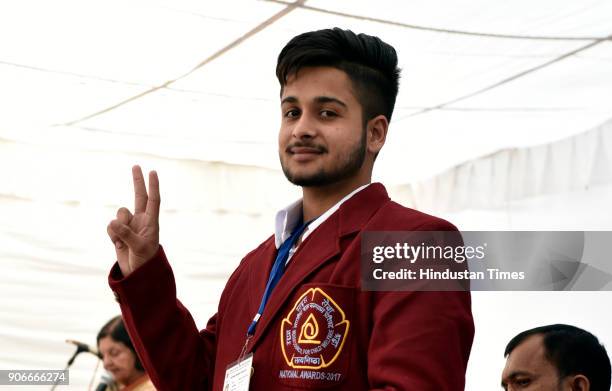 Sanjay Chopra Award winner Karanbeer Singh from Punjab at a press preview on National Bravery Awards 2017 winners on January 18, 2018 in New Delhi,...