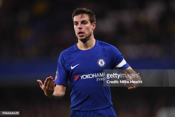 Cesar Azpilicueta of Chelsea gesticulates during The Emirates FA Cup Third Round Replay between Chelsea and Norwich City at Stamford Bridge on...