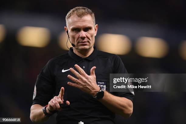 Referee Graham Scott in action during The Emirates FA Cup Third Round Replay between Chelsea and Norwich City at Stamford Bridge on January 17, 2018...