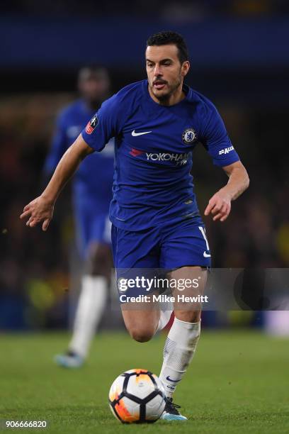 Pedro of Chelsea in action during The Emirates FA Cup Third Round Replay between Chelsea and Norwich City at Stamford Bridge on January 17, 2018 in...