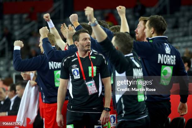 Christian Berge, head coach of Norway reacts during the Men's Handball European Championship main round match between Serbia and Norway at Arena...