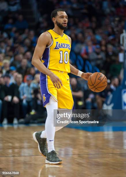 Los Angeles Lakers Guard Tyler Ennis waiting on play to develop versus Oklahoma City Thunder during an NBA game between the Los Angeles Lakers and...