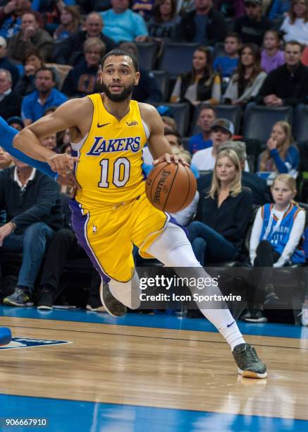 Los Angeles Lakers Guard Tyler Ennis driving to the basket versus Oklahoma City Thunder during an NBA game between the Los Angeles Lakers and the...