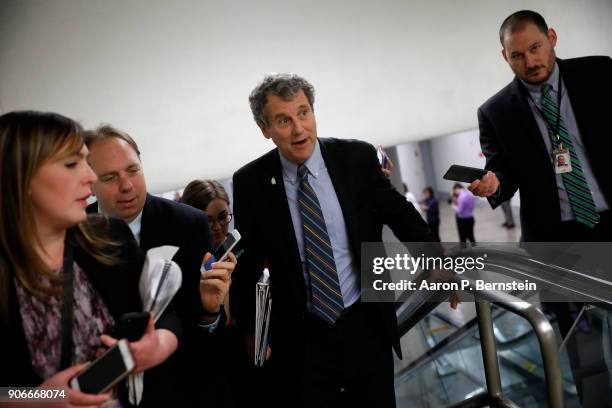 Sen. Sherrod Brown speaks to reporters at the U.S. Capitol January 18, 2018 in Washington, DC. Congress is working to avoid a government shutdown...