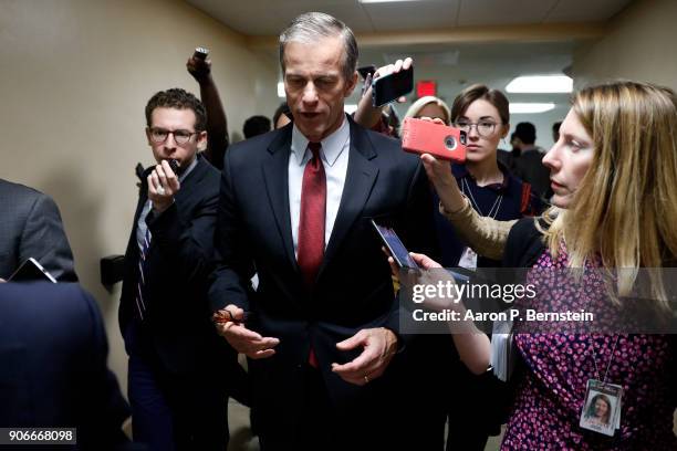 Sen. John Thune speaks to reporters at the U.S. Capitol January 18, 2018 in Washington, DC. Congress is working to avoid a government shutdown ahead...